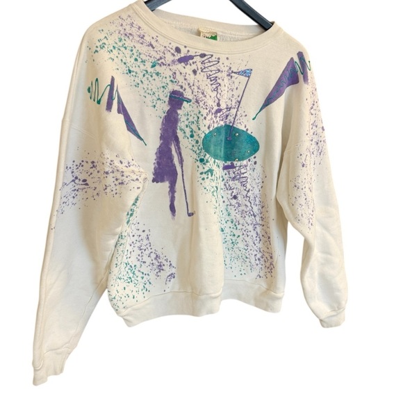 WAVES M EVC Vintage puffy paint golfing Women's Sweatshirt - White and Purple - Picture 1 of 14